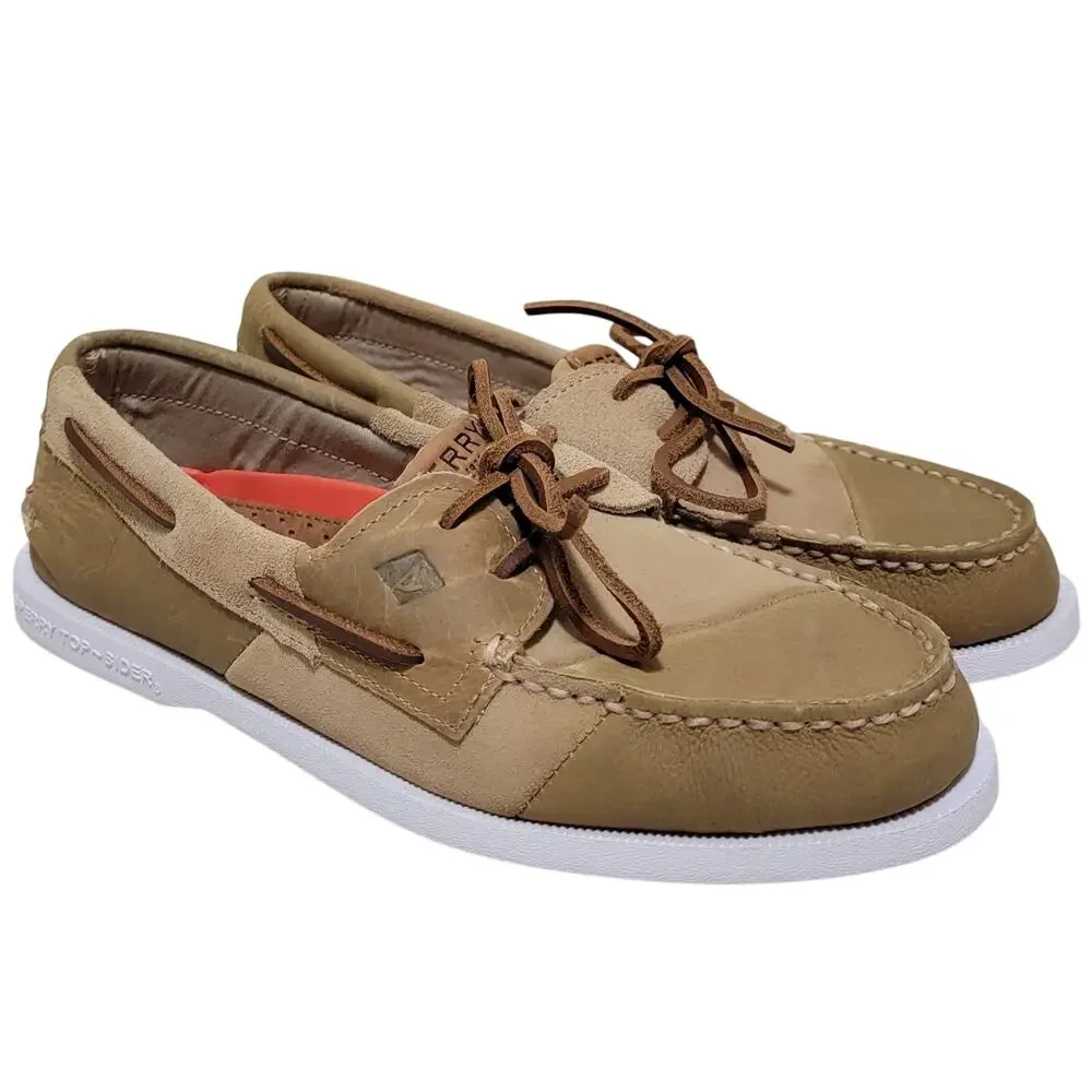 Sperry Top-Sider Men A/O 2-Eye Patchwork Boat Shoes Size US 8M Tan Leather